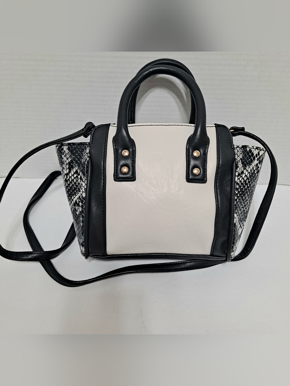 Black & White Snake-Accent Crossbody Satchel Handbag